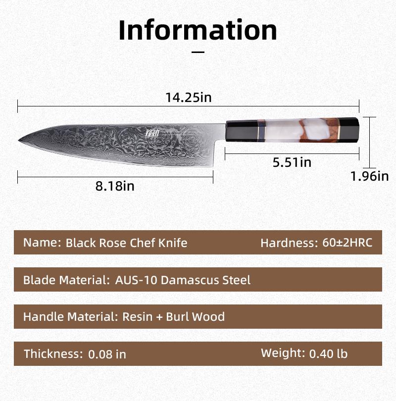 FINDKING 8 Inch Japanese Chef Knife, Professional Gyuto Kitchen Knife, Sharp, Sturdy & Elegant Damascus Knife, for Everyday Cooking (BLACK-ROSE Series)