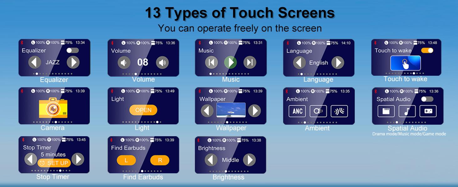 Smart Earphones with Touchscreen, Touch Screen Earbuds, 13 Functions Wireless Headphones Bluetooth 5.4, Touch Buds with LED Screen, ANC/ENC Noise Cancelling, 40H Playtime, for iOS Android