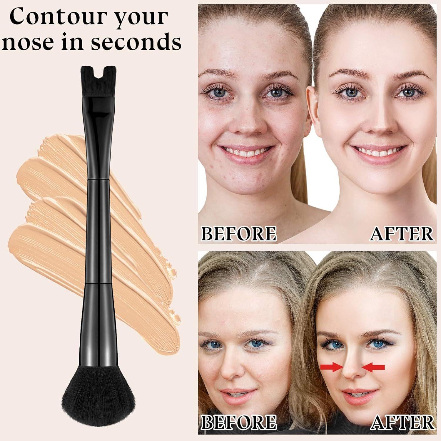 2-In-1 Contouring & Powder Brush Set, U-Shaped Dual Head Multifunctional Makeup Brush for Flawless Highlighting, Soft Bristles Precision Nose Shaping