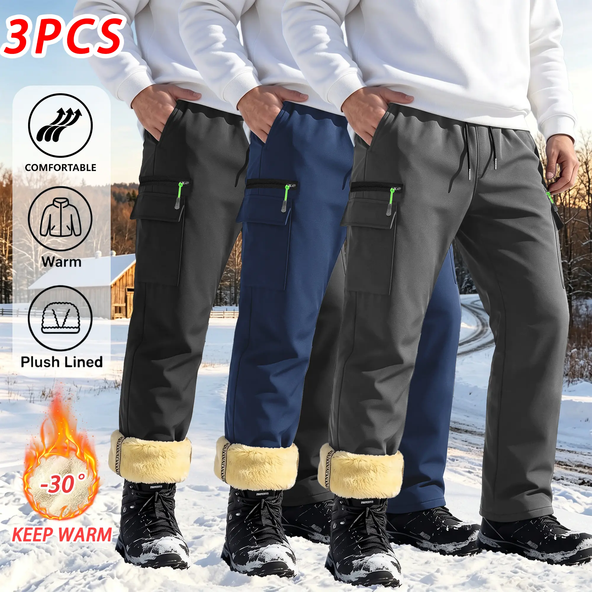 Men’s Fleece Lined Softshell Cargo Pants, Waterproof Windproof Winter Work Trousers, Elastic Drawstring Waist Multi Zipper Pocket Outdoor Pants for Snow Hiking, Hunting, Logging & Cold Weather Daily Wear