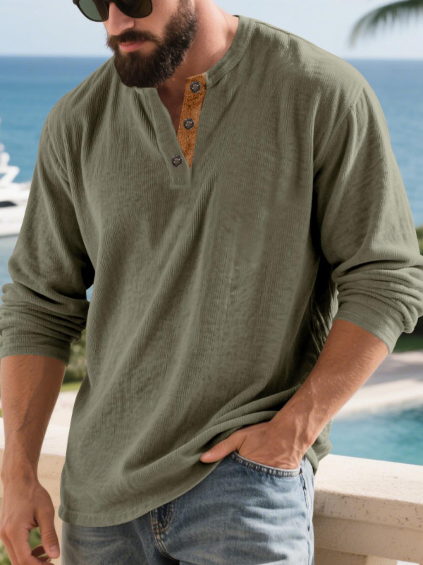 Men's Vertical Striped Textured Long Sleeves with A Contrasting Placket,solid Color Vertical Striped Texture,can Be Worn Alone and Layered,suitable for Casual Light Business and Other Scenarios, Classic, Menswear