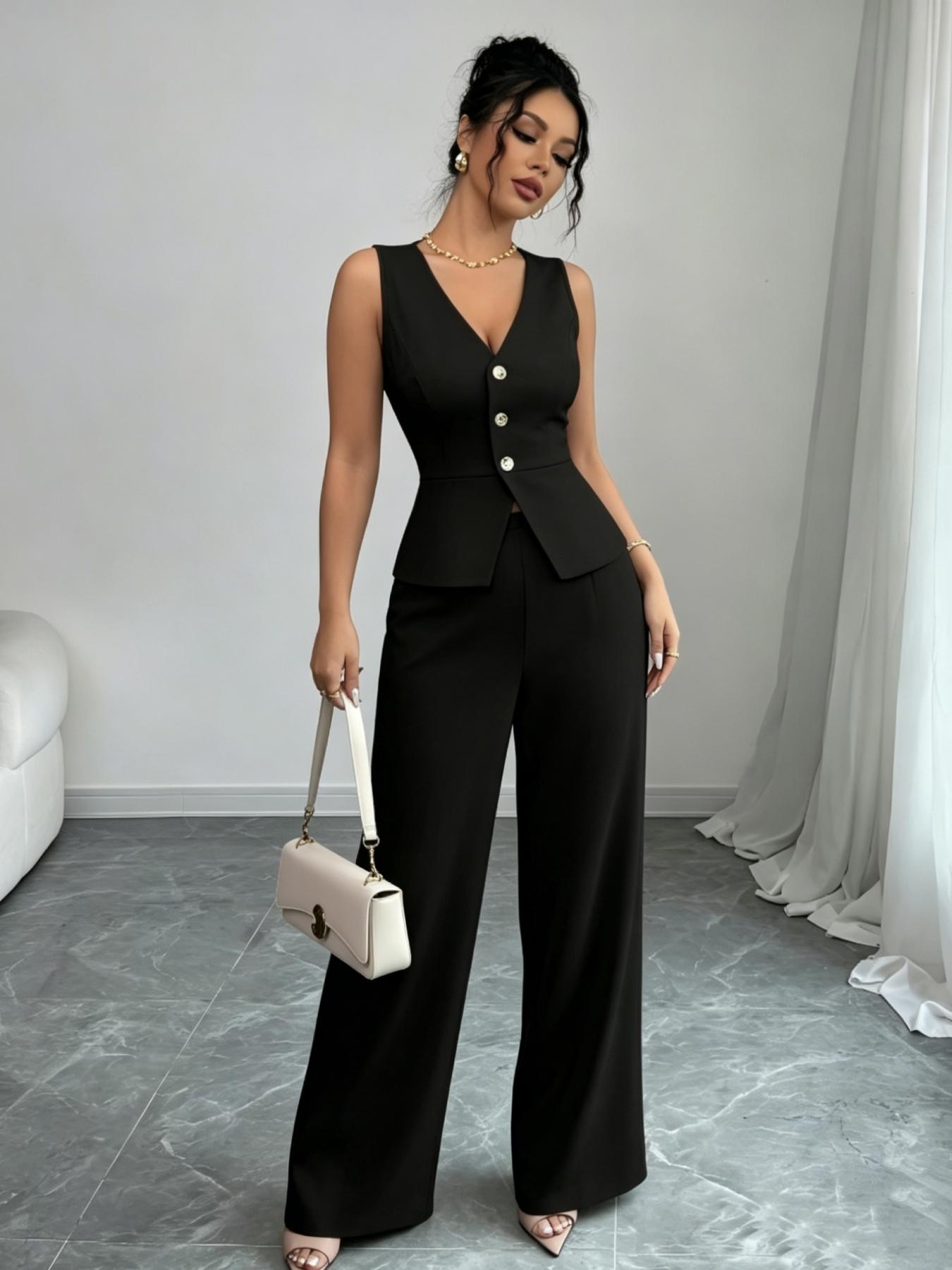 YYT1 A women's Chic Sleeveless Vneck luxury waist cinched Fitted suit vest set, Pants Top Set, same color scheme, suitable commuting, shopping, outdoor activities, Fitted clothing set