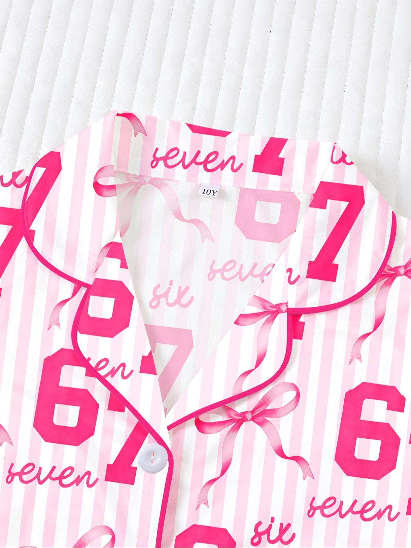 Striped Pajama Set, Fire-Retardant Button-Front Ruffled Shirt & Elastic-Waist Shorts, Casual Cartoon Print Sleepwear