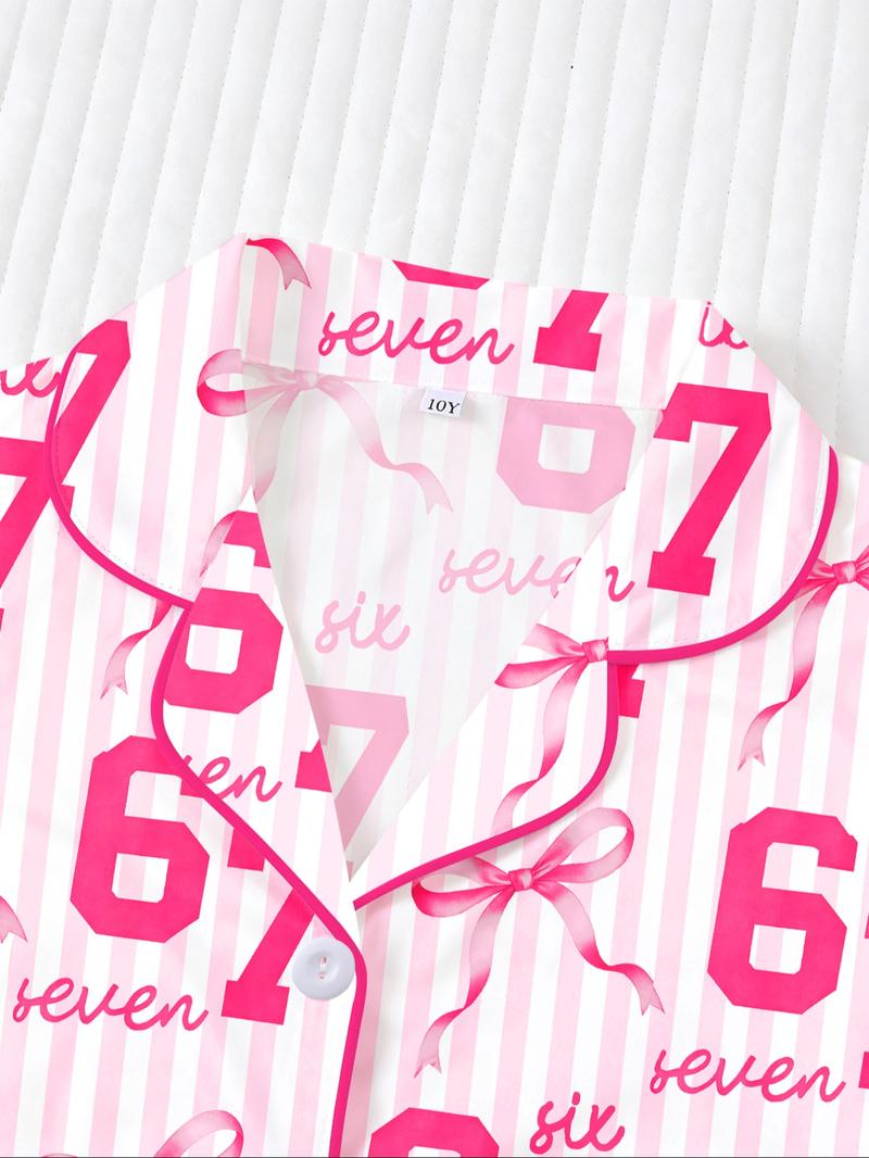 Striped Pajama Set, Fire-Retardant Button-Front Shirt & Elastic-Waist Shorts, Casual Cartoon Print Sleepwear