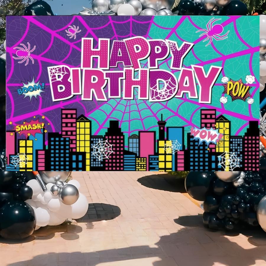 Pink Spider Web Happy Birthday Photography Background, City Skyline Architectural Background Photo Booth Prop, Polyester Material, Suitable for Photo Booth, Party, Birthday, Celebration, and Indoor/Outdoor Family Birthday Party Decoration