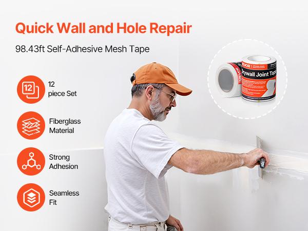 VEVOR Drywall Mesh Tape, 5.91 inch Wx 98.43 ft L Self-Adhesive Fiberglass Drywall Joint Tape, 12 Rolls Dry Wall Patch for Easy Sheetrock Ceiling Crack Repair, to Achieve Smooth Even Wall Surface