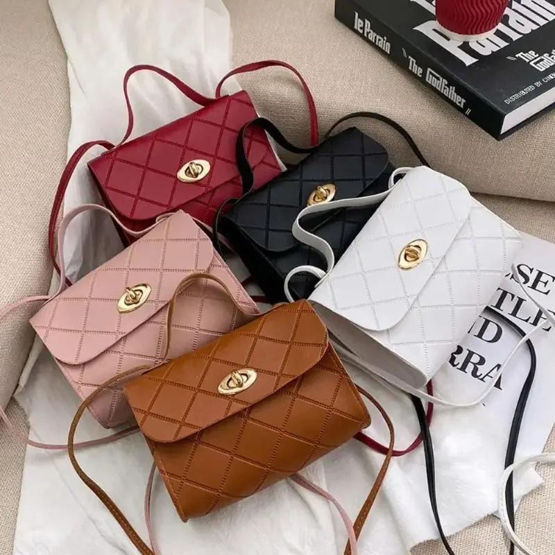 Women's Quilted Faux Leather Crossbody Bag, Mini Square Shoulder Purse With Twist Lock & Slim Strap, Fashion Casual Handbag For Daily Outfits