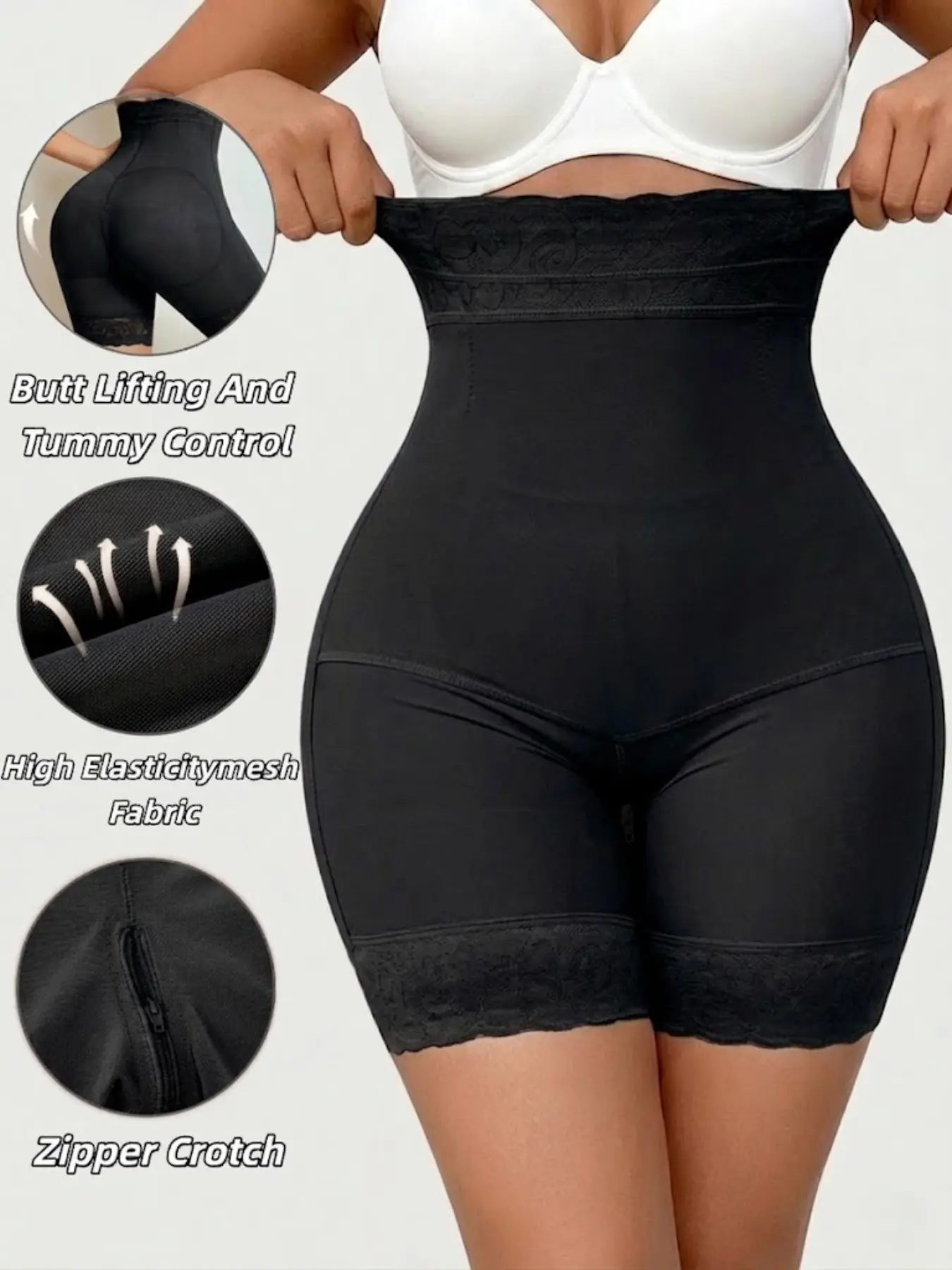1-Pack Women's Solid Color High-Waist Shapewear Shorts, Lace-Trim, Tummy Control & Butt-Lifting Compression Shaping Panties, Fajas, Breathable Hourglass Sculpting Bottoms, Suitable for Holidays & Gifts for Her