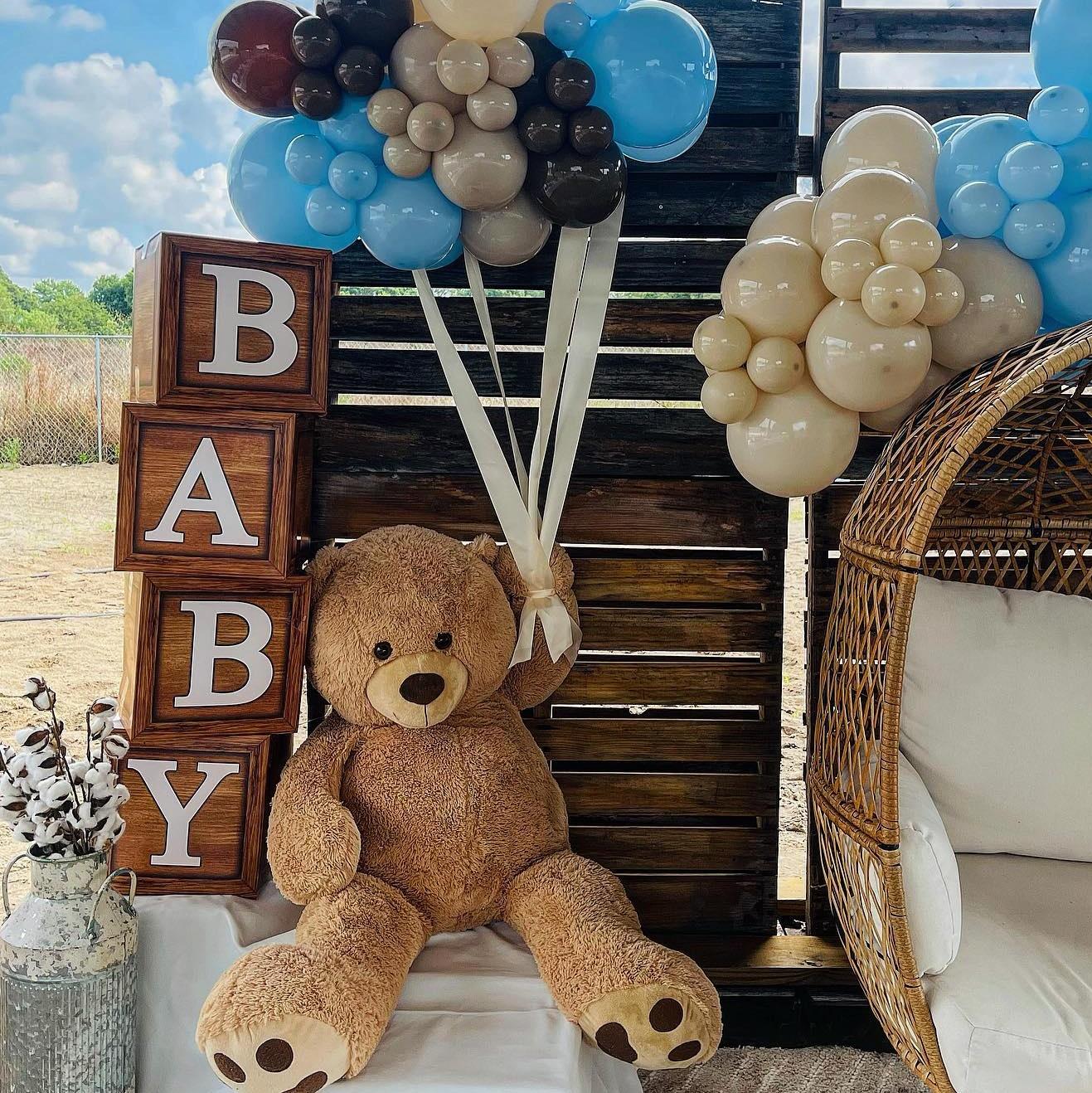 Wood Grain Printing Baby Shower Display Boxes Decoration, Neutral Gender Reveal Backdrop Brown Baby Stacking Blocks Backdrop for Kids Birthday Party
