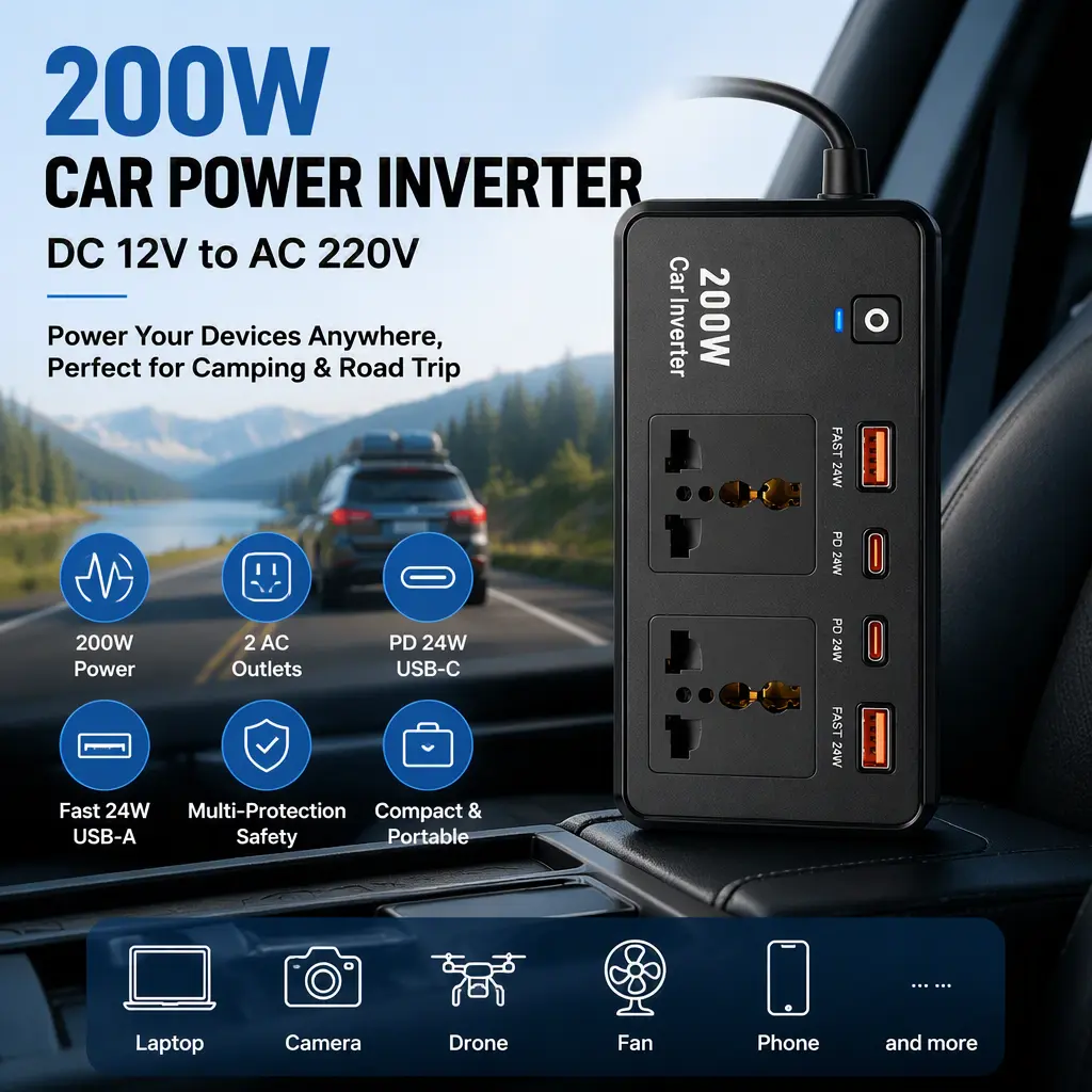 Portable 200W Car Power Inverter, DC12V to AC220V Car Outlet Adapter with 2 Universal AC Outlets, PD24W USB‑C and Fast USB‑A Charging Ports, Multi‑Port Car Power Supply for Camping Road Trip