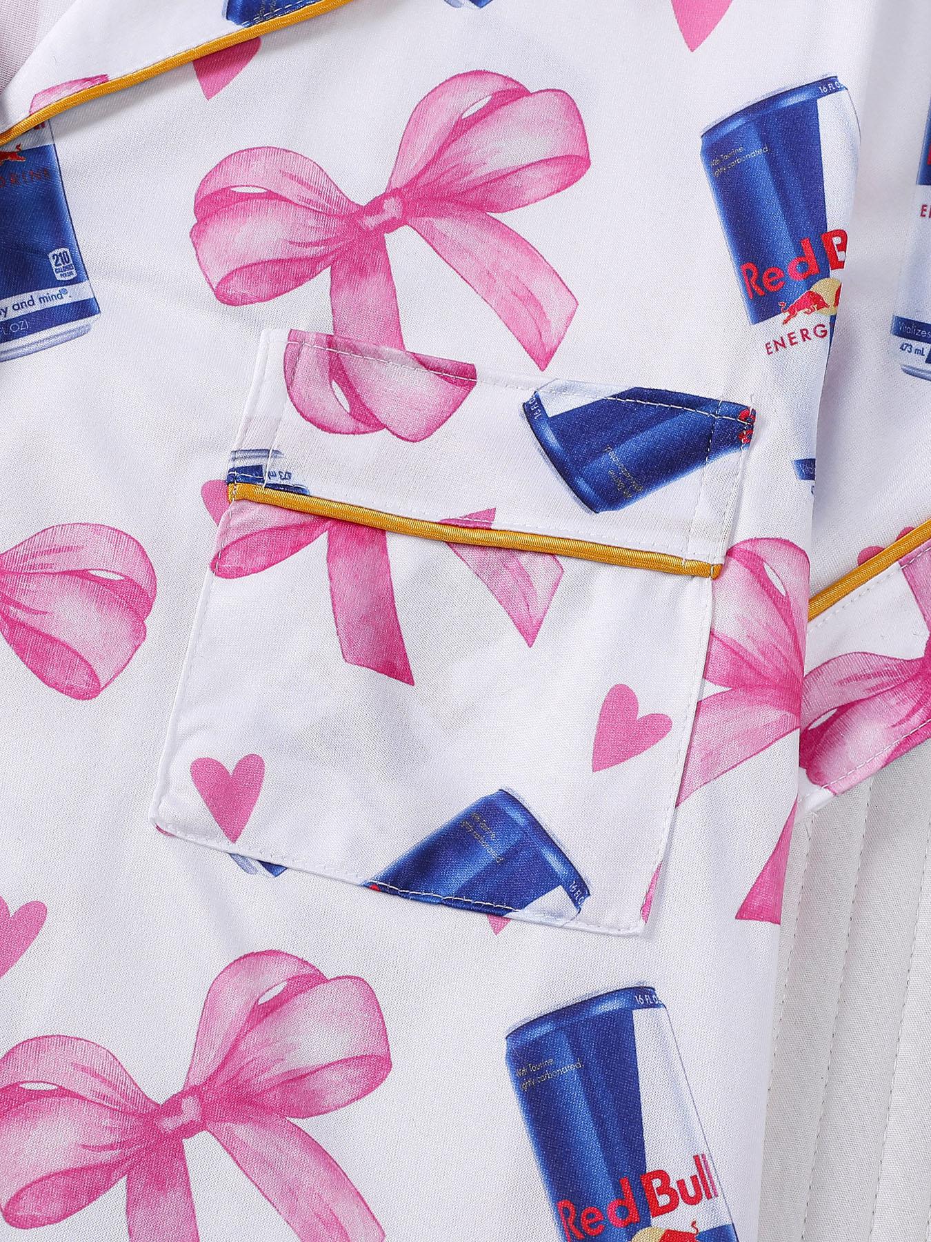 2-piece women's full body pink bow love drink bottle short sleeved shorts soft and comfortable skin friendly smooth top small pocket button closure elastic waistband suitable for all seasons home casual wear pajamas