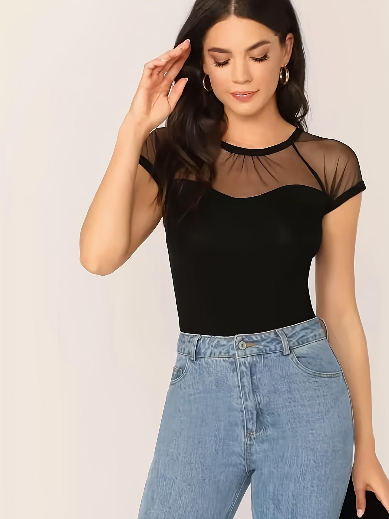 Elegant Women's Mesh Patchwork Round Neck Fitted Top, Stylish Casual Wear, Perfect for Daily, Comfortable and Trendy