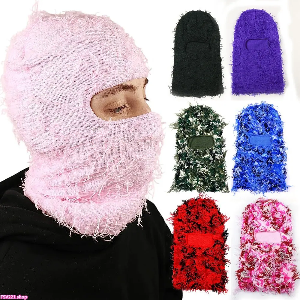 Y2K Distressed Frayed Knit Balaclava Shaggy Torn Edge Full Face Mask Hat Punk Streetwear Ski Mask for Men Women Party