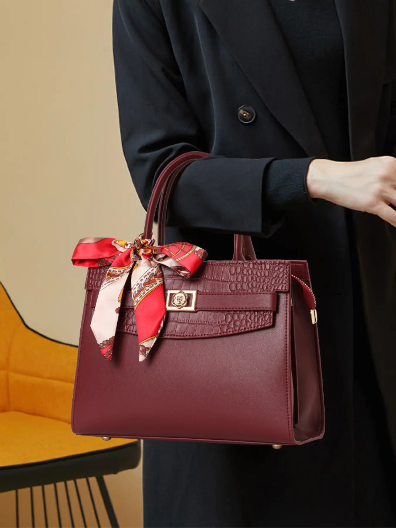 Burgundy Leather Handbag, Vintage Crocodile Pattern Scarf Bow, Large Capacity Shoulder Crossbody Bag, Wedding Party Bag for Women