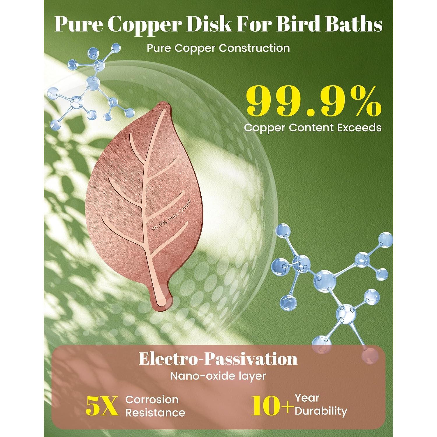 3-Count Pure Copper Bird Bath Cleaning Disk, 0.6mm Reinforced 99.99% Pure Copper Purification Disk - Leaf Shape for Outdoor Birdbaths, Bowls, Fountains