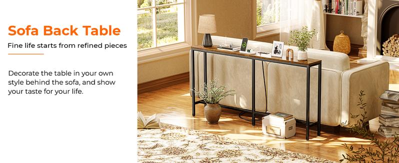 SUPERJARE Console Table with Outlet, 63 Inch Sofa Table with Charging Station, Narrow Entryway Table, Skinny Hallway Table, Behind Couch Table, for Living Room, Plants