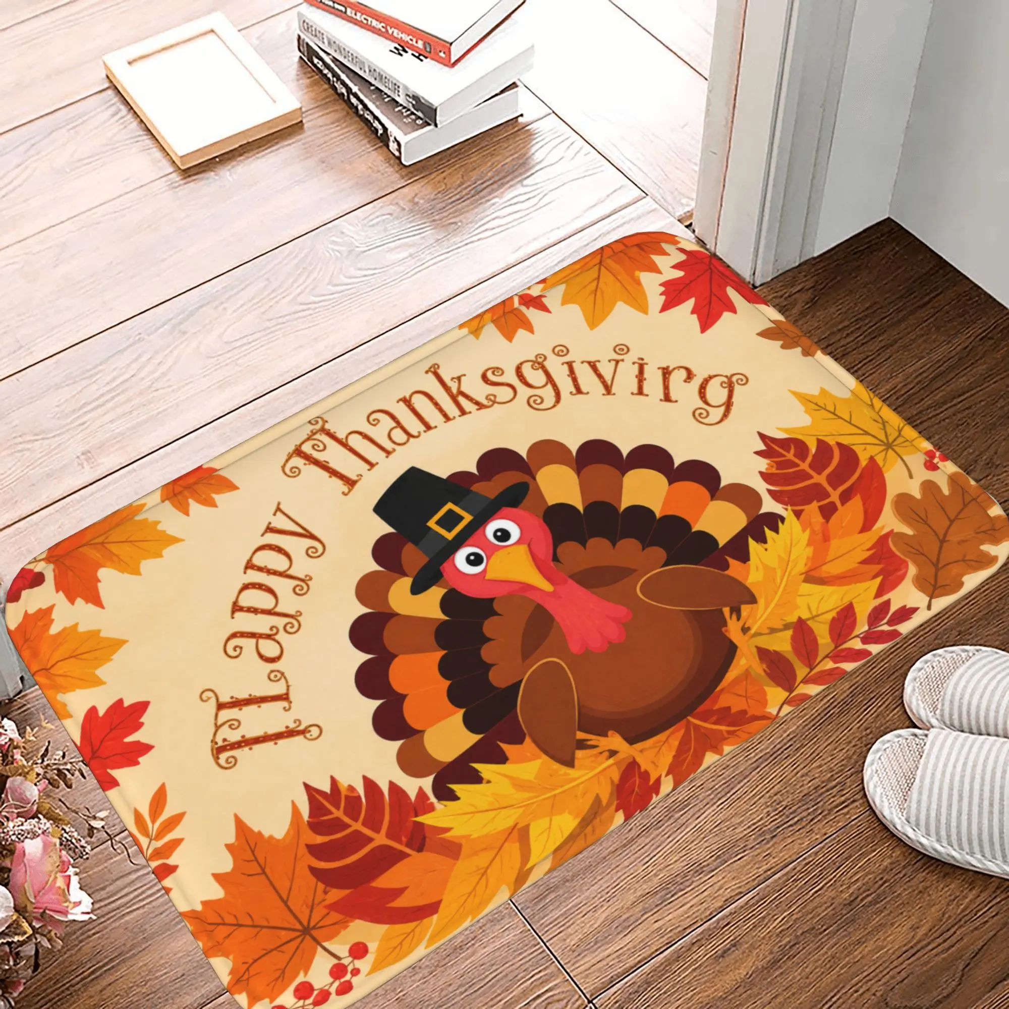 Happy Thanksgiving Turkey Door Mat, Autumn Maple Leaves Flannel Indoor Entrance Rug, Non-Slip Washable Low-Profile Floor Mat for Home Kitchen Decor