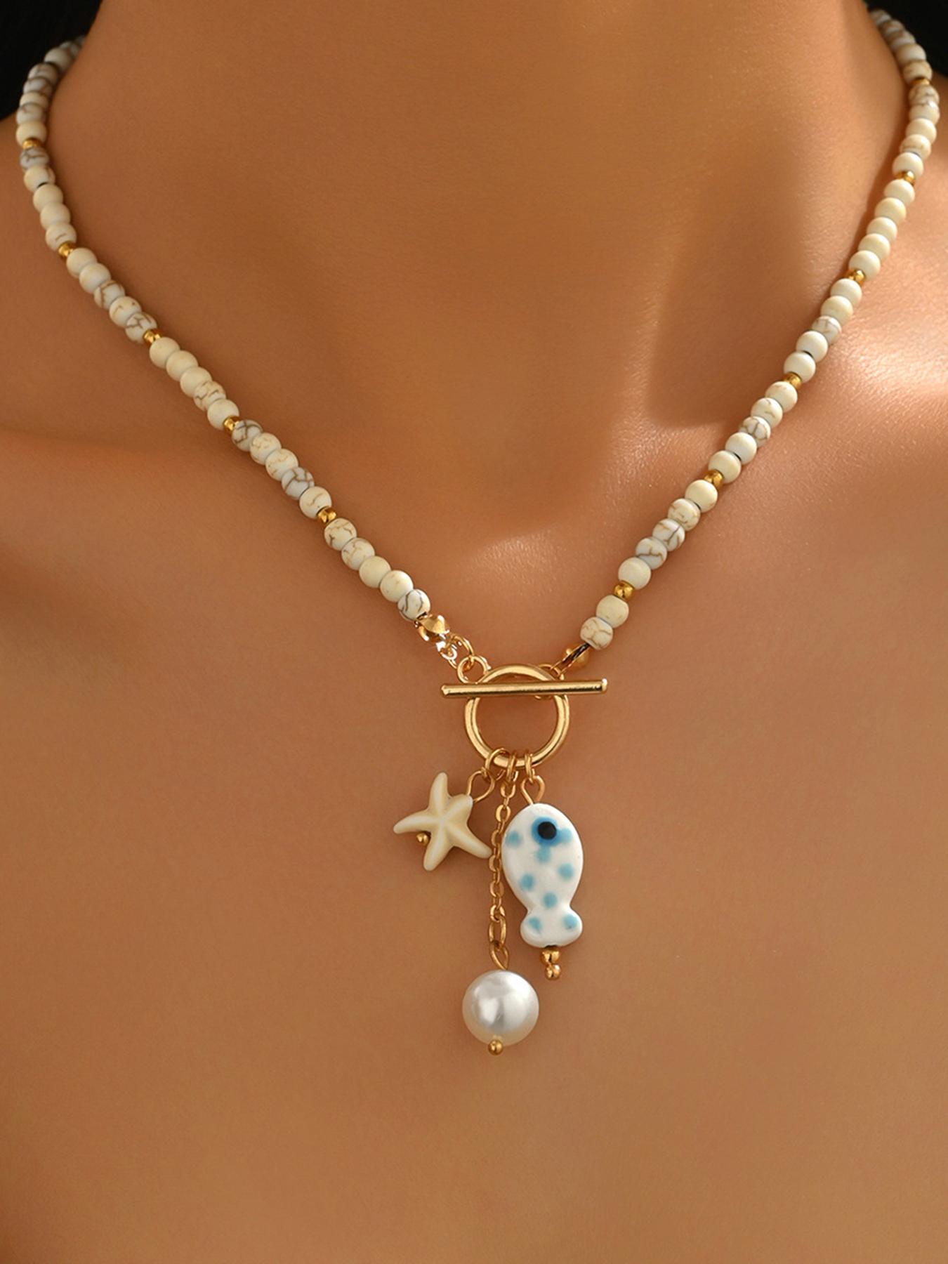 Summer Ceramic Fish Starfish Tassel Pearl Beaded OT Buckle Charms Necklace, Cute Summer Jewelry, Perfect Gift for Women and Girls