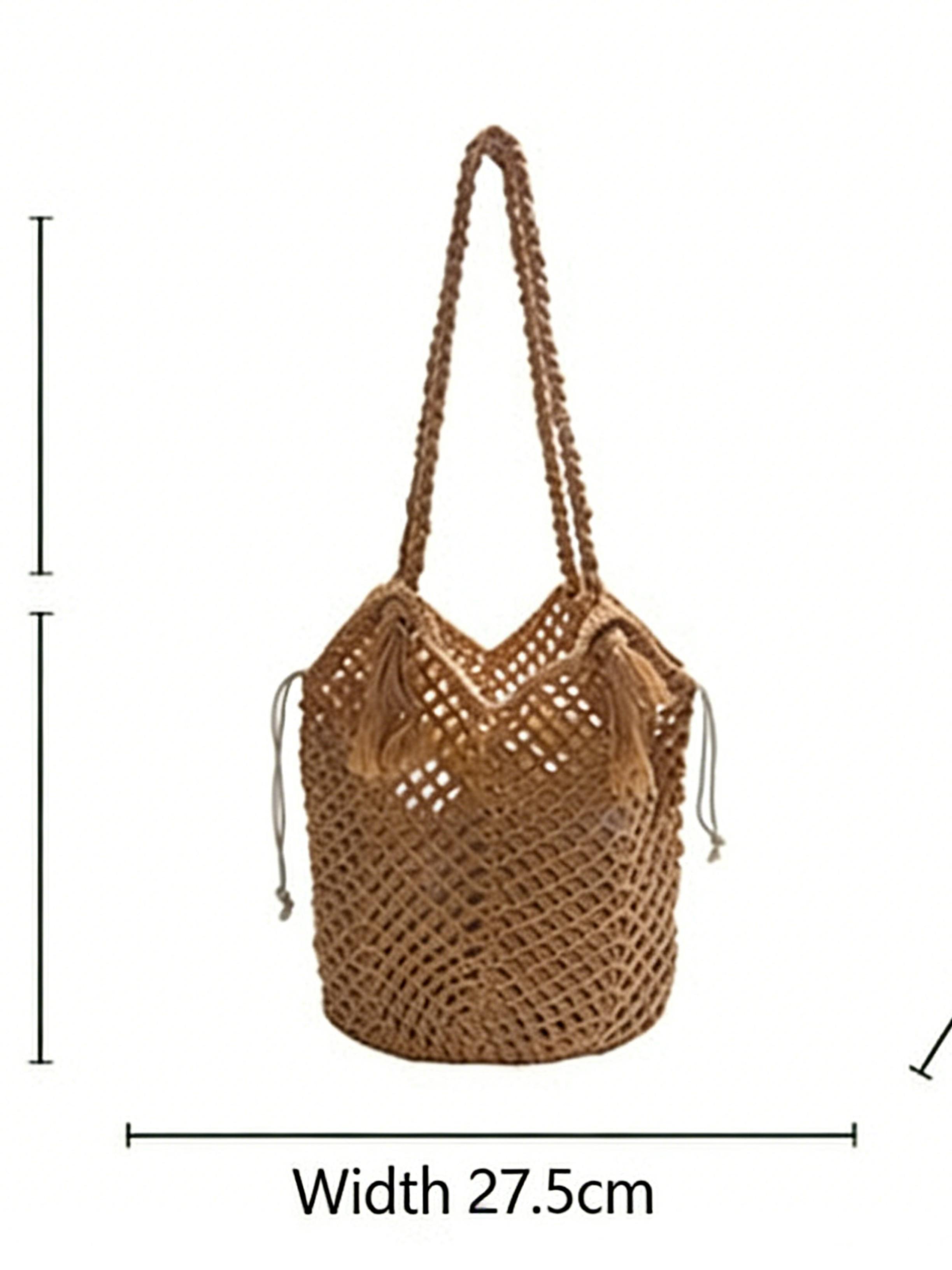 Large Capacity Cotton Rope Woven Tote Bag for Women, 2026 Spring Hollow Out Straw Shoulder Bag, Beach Vacation Crossbody Bag