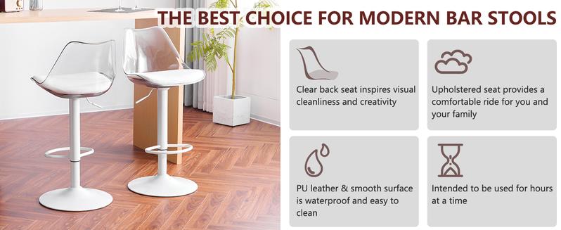 Mojay Modern Clear Acrylic Bar Stools Set of 2-4, Adjustable Swivel Counter Height Bar Chairs with Faux Leather Upholstered Seat and Ergonomic Backrest, Contemporary Bar Stools for Kitchen Island