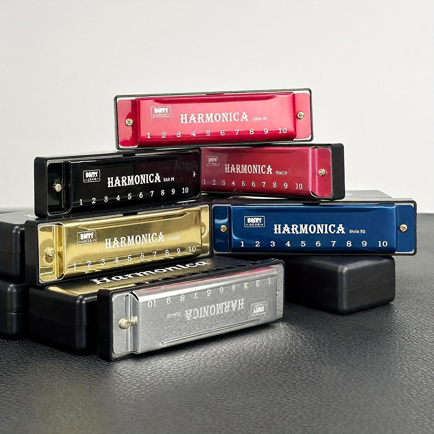 10 Hole Harmonica C Key, Durable Plastic Polished Finish, Includes Protective Case, Ideal Gift for Beginners, Gold Silver Colors Available