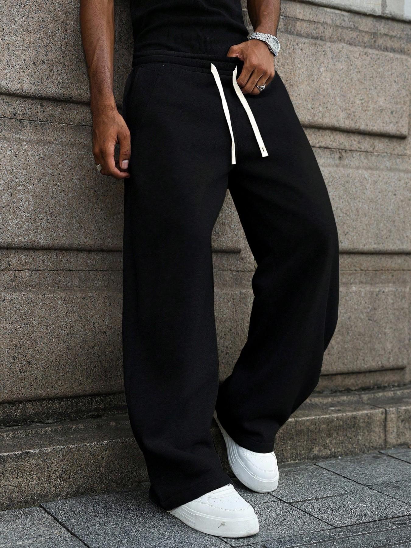 Men's Fleece Lined Casual Straight Leg Pants, Plain Basic Fashion High Street Jogger Pants, Rivet Decoration, Cold Weather Daily Wear, Streetwear, Casual Sports Trousers