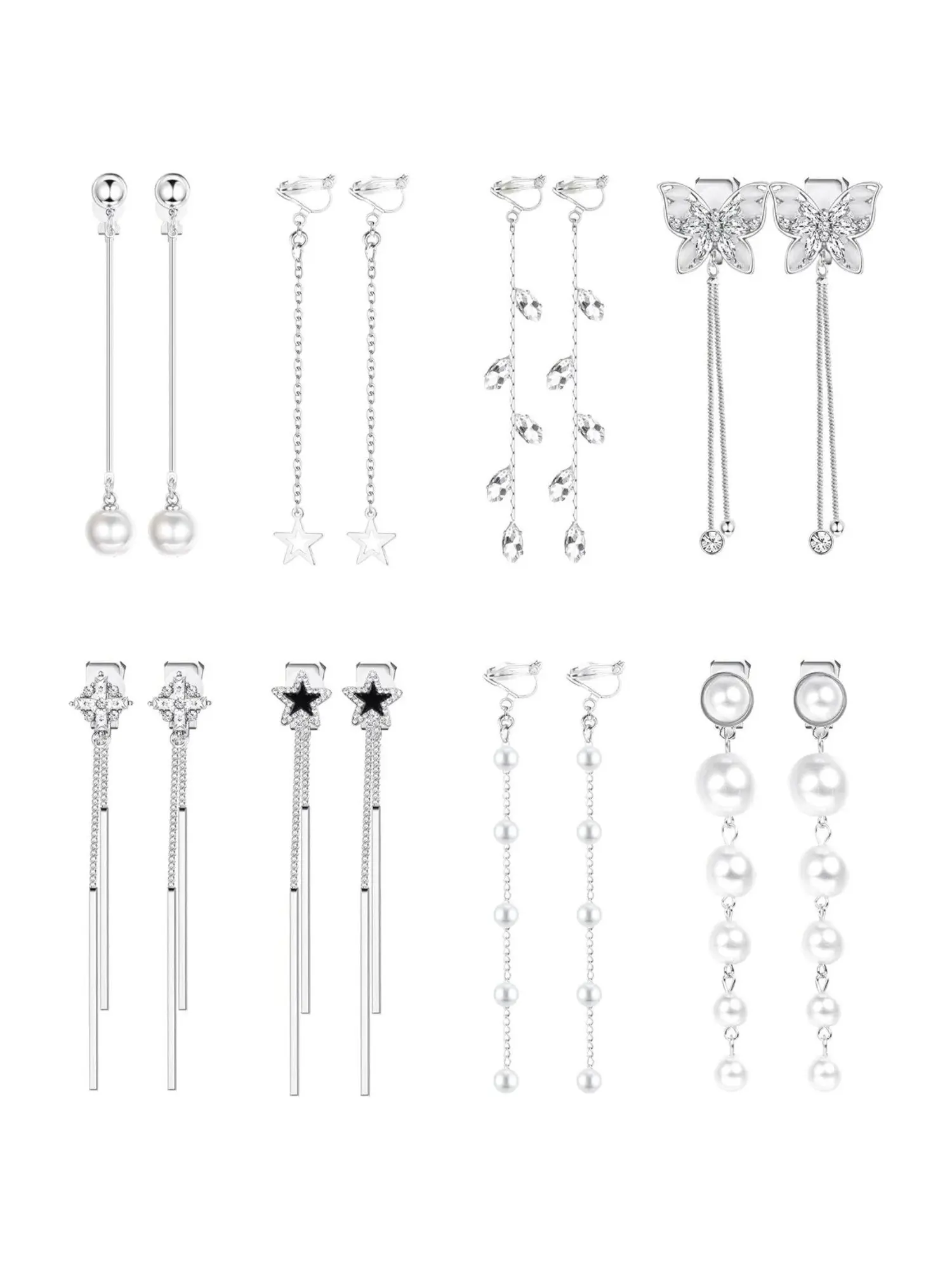 8 Pairs Clip on Earrings for Women Dangling Cross Butterfly Star Pearl Clip Dangle Earring Set Hypoallergenic Clip Long Earrings Non Pierced Piercing Jewelry Fashion Jewelry Party Silver Gold Tone, Fashionable Earrings