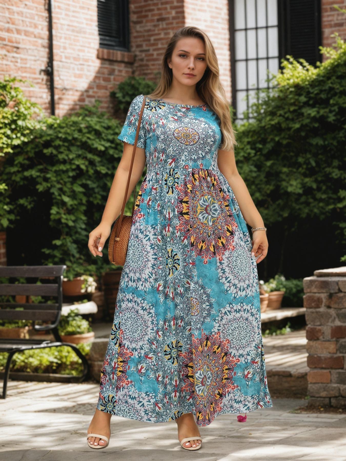 Plus Size Floral Print Short Sleeve A-line Dress with Pockets, Summer Dress, Boho Vintage Dresses for Holiday, Casual Everyday Wear, Modest Dresses