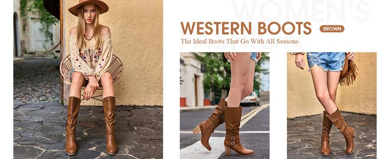 Coutgo Womens Mid Knee High Boots Chunky Heel Slouchy Metal Buckle Side Zipper Fashion Winter Shoes