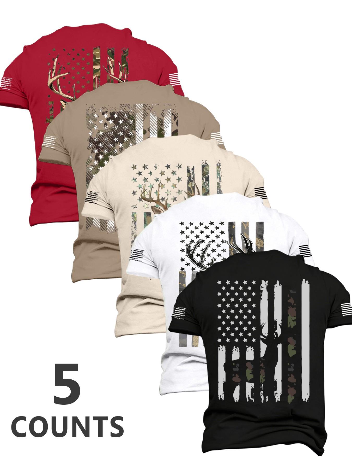 New Summer Men's Patriotic Style Deer & Flag Print T-Shirt Set Soft Breathable Short Sleeve Tees, Multiple Colors, Ideal Gift, Trendy Summer Tee