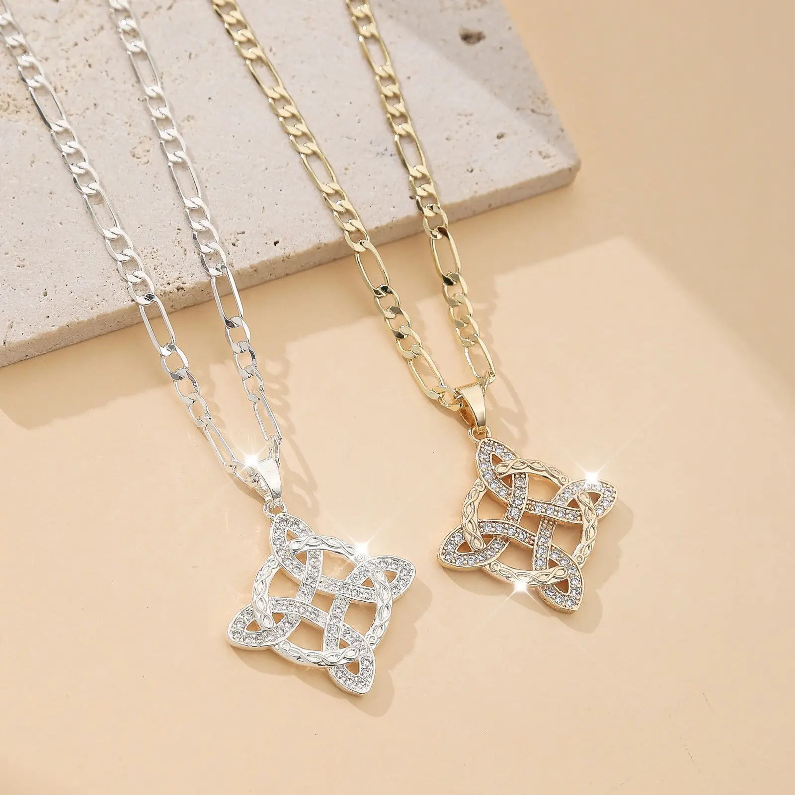 1Pcs Gold & Silver Tone CZ Witch Knot Pendant Necklace Set - Figaro Chain Celtic Knot Wiccan Pagan Protection Jewelry Gift Suitable For Women Daily Wear Prom
