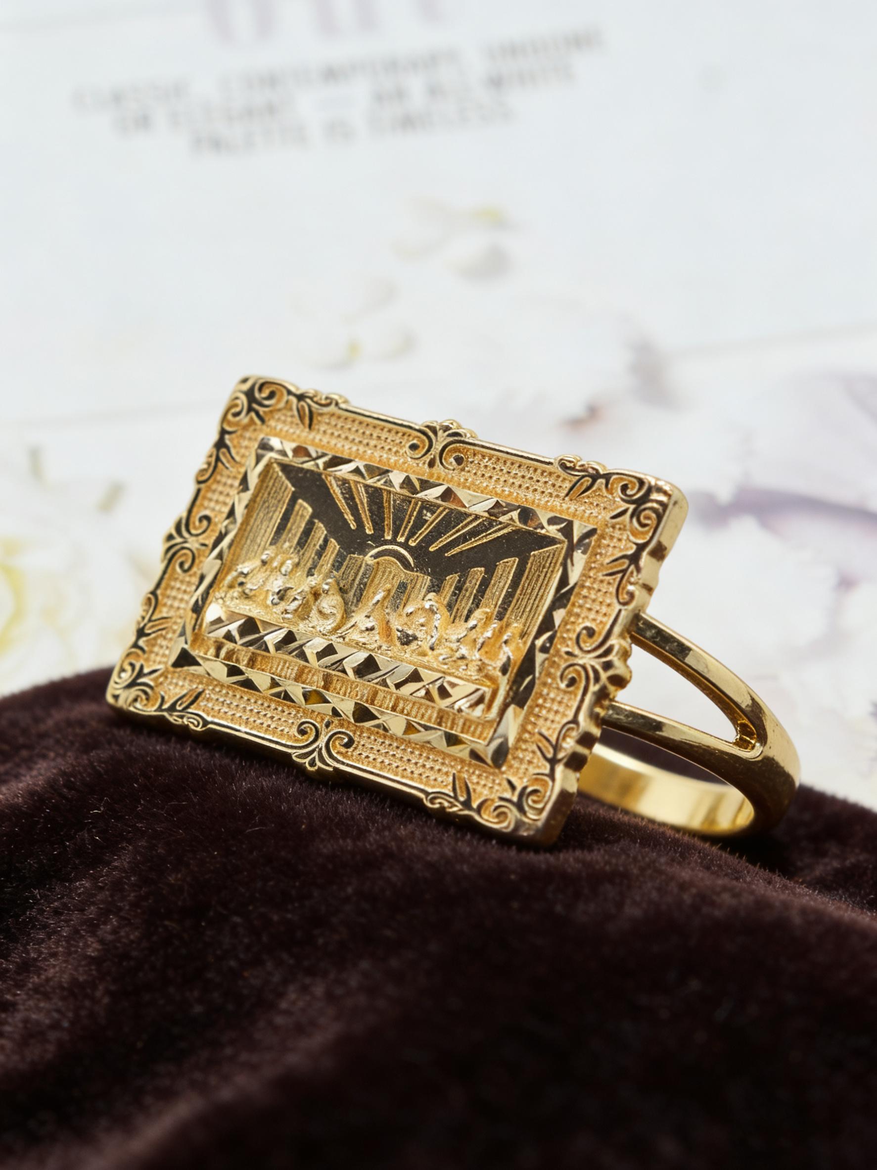 Punk Hip Hop Copper Gold Plated Last Supper Men's Two-Finger Ring, Religious Jewelry, Juda Thirteen Apostles Design, Unique Fashion Accessory