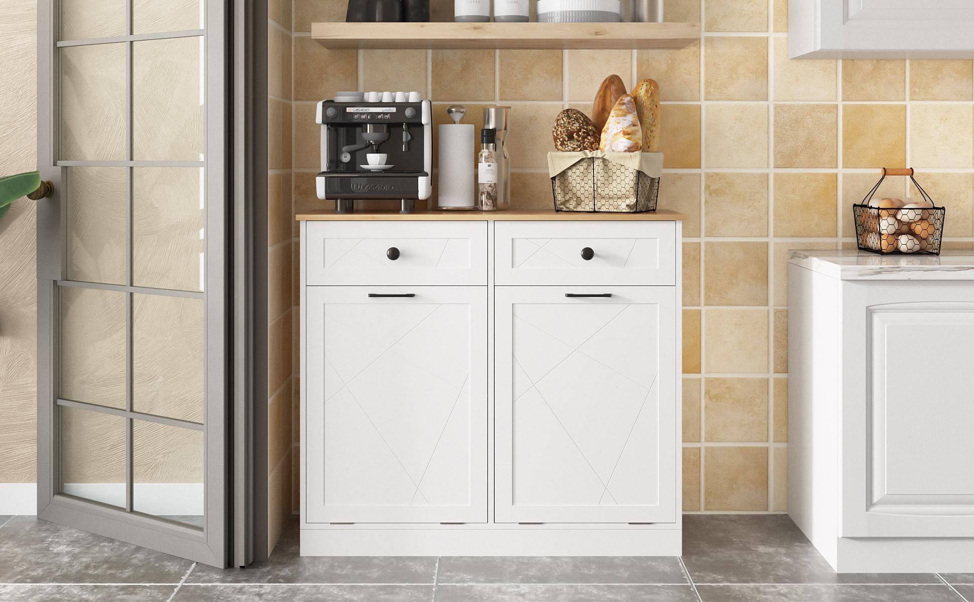 Vabches Trash Cabinet Trash Can, Dog Proof Tilt Out Trash Bin Holder, Free Standing Recycling Cabinet with 2 Drawers for Kitchen Living Room