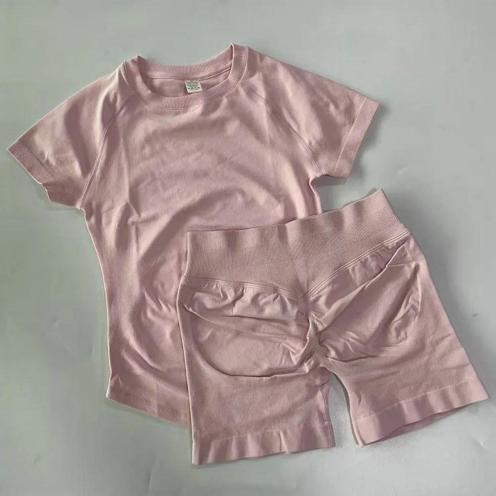 Dfyne Cross-Waist Hip-Lifting Shorts + Short-Sleeve Sports Set |   Seamless Knit Breathable Quick-Drying |   Fitness & Yoga Two-Piece Set