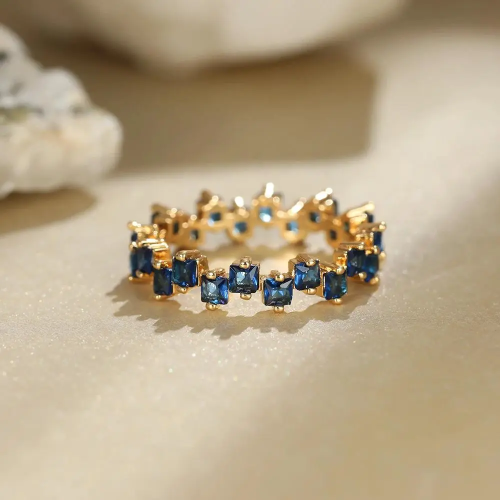 Irregular Square Zircon Engagement Ring Vintage Female Royal Blue Stone Thin Ring Antique Gold Color Wedding Rings For Women CZ