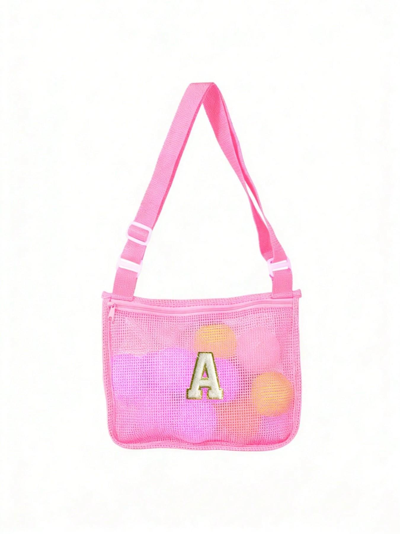 Letter Beach Mesh Bag, Shell Storage Pouch, 30cmx25cm, Unisex Swimming Accessory, Ideal for Vacations, No Ocean Balls Included