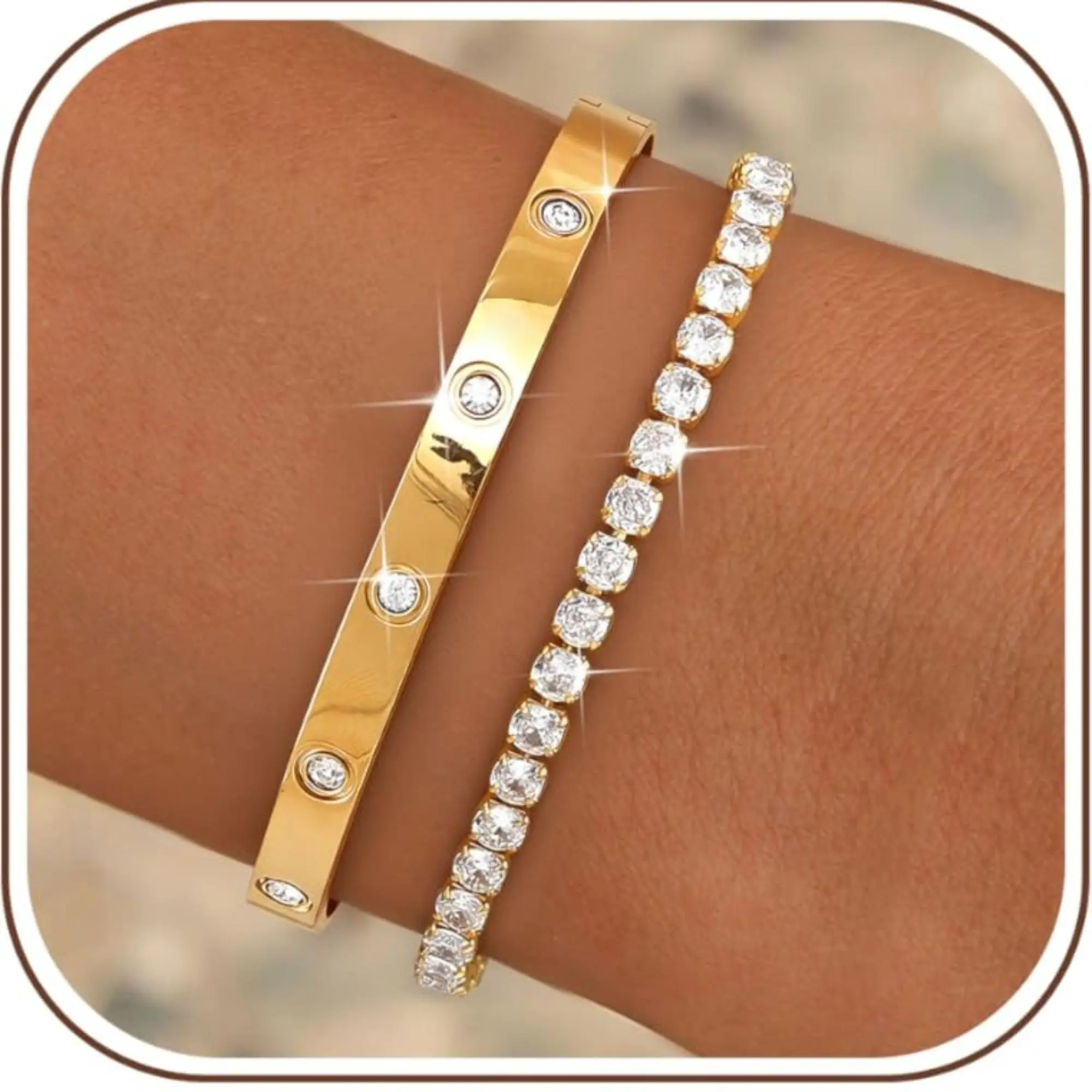 CASSIECA 14K Gold Bracelet Set for Women Stainless Steel Dainty Stacking Bangle Tennis Style Bracelet Stack Sparkling CZ Waterproof Bracelet Gift Accessories Gifts for Girlfriend Bracelets for Couples Sohochic