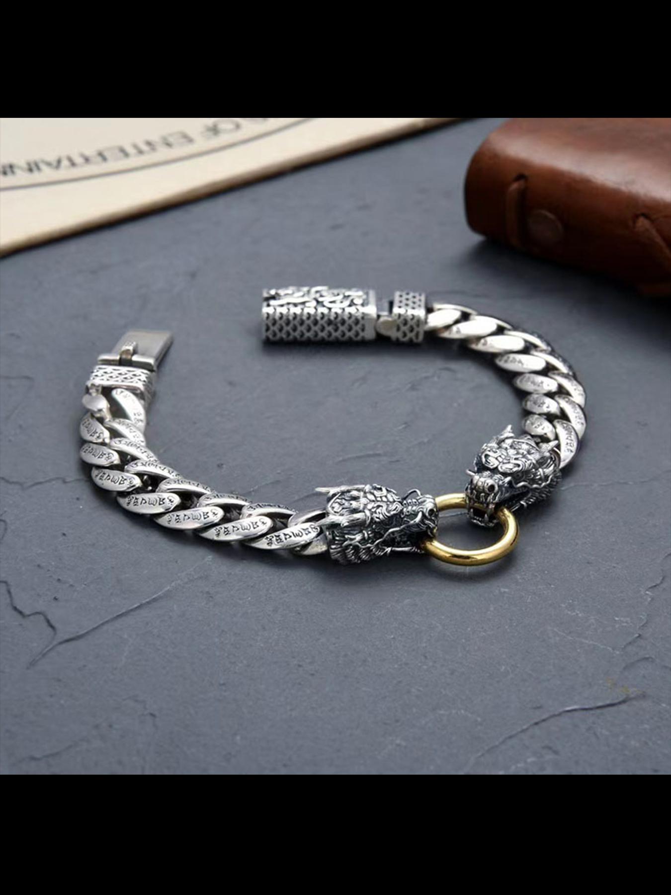 New High-End Handmade Bracelet for Men, Traditional Chinese Style, Bold Retro Dual Dragon Head, Six-Character Inscription Bracelet