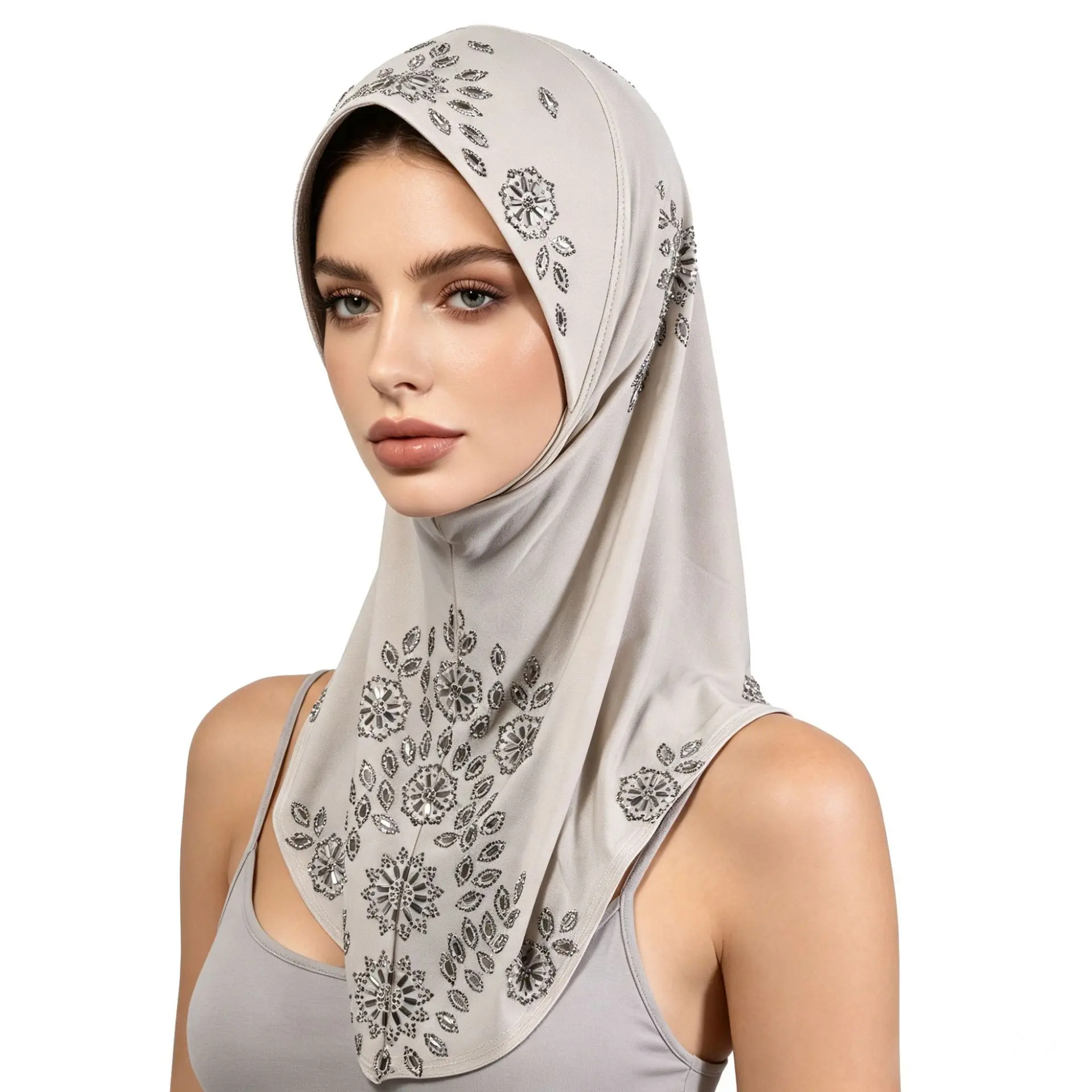 Viral Instant Hijab Rhinestone Floral Pattern Full Cover Neck Scarf Breathable Stretch Jersey Pull On Khimar Cap Modest Fashion Party Prayer Headwear