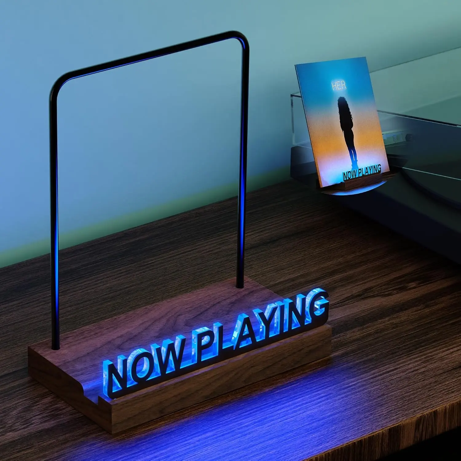 Vinyl Record Display Stand with Now Playing Light Up Sign, 7 Color Changing LED Lights, Fingerprint-Proof Acrylic Black Letters