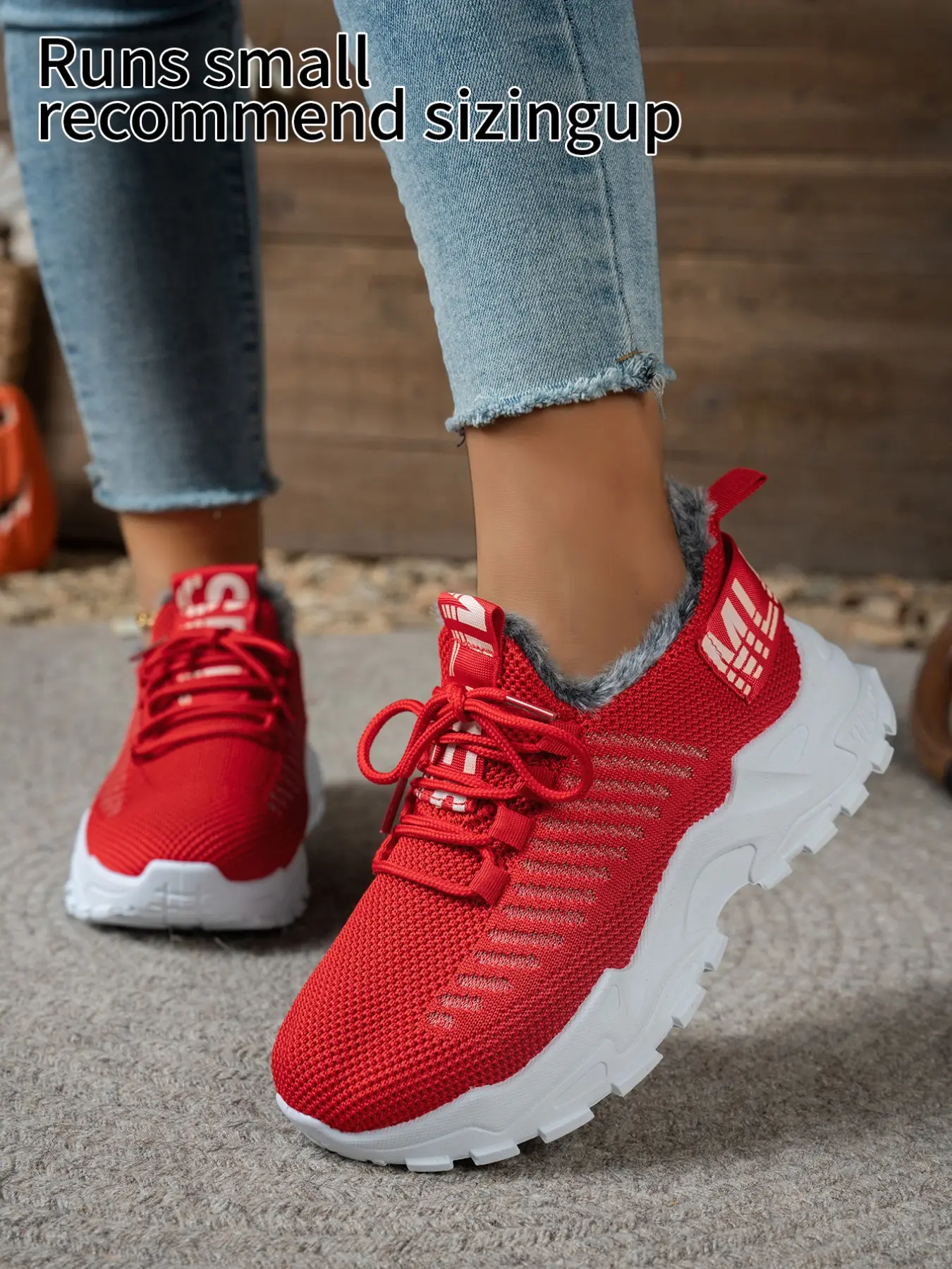 Women Fleece Lined Chunky Sneakers, Knit Upper Lace‑Up Winter Casual Shoes, Rugged Thick Platform Sole Fashion Footwear for Outdoor Walking Daily Wear Multi‑Color Available