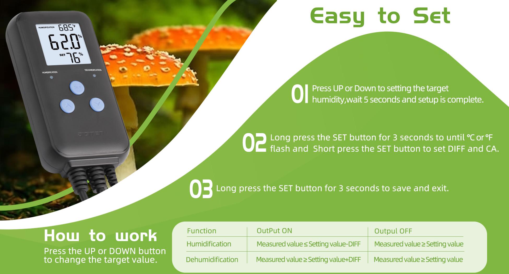 DIGITEN DHC312 Digital Display Humidity Controller, Pre-wired Dual-Stage Outlet with Temperature Display, Humidifier and Dehumidifier Controller, Suitable for Grow Tents, Reptile Enclosures, Mushroom Rooms, and Fans