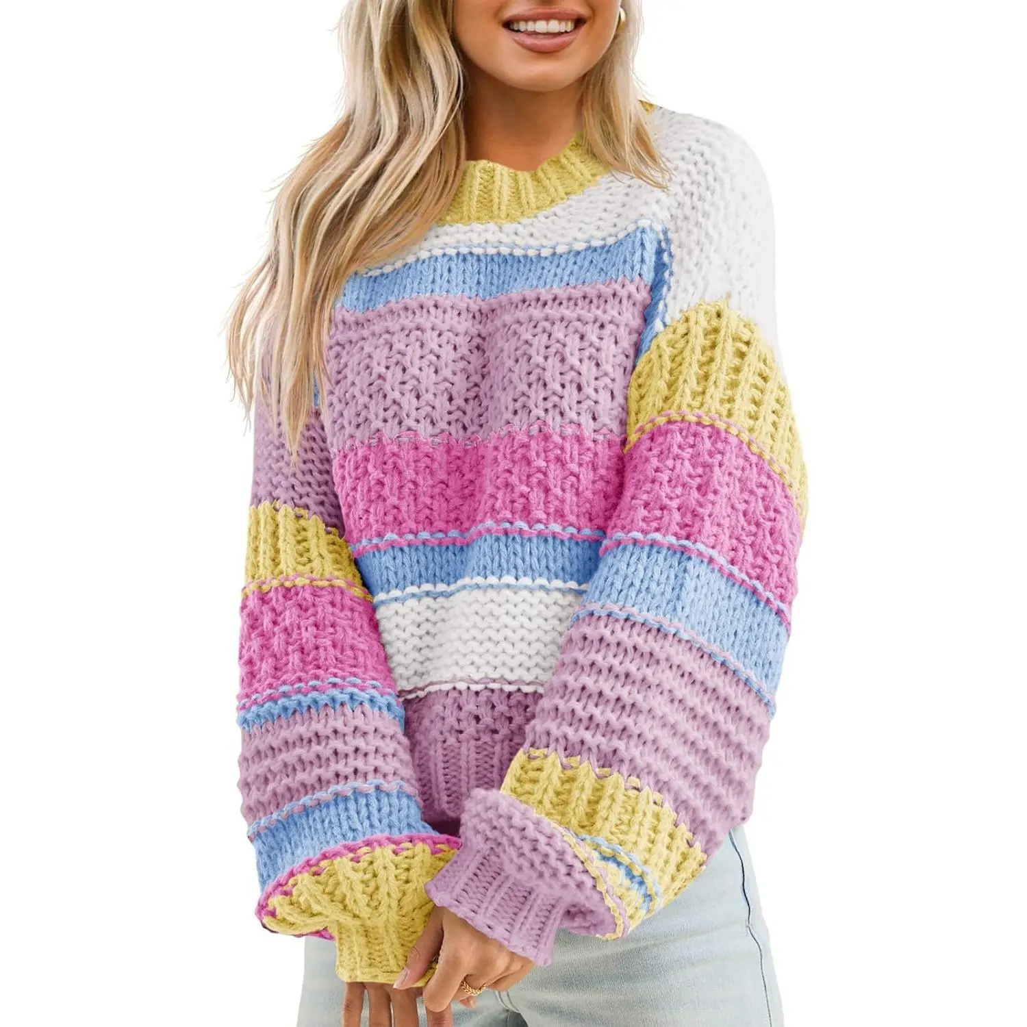 Saodimallsu Women's Oversized Colorful Color Block Striped Chunky Knit Cropped Round Neck Longsleeves Loose Pullover Top, Casual Women's Clothes for Fall, Knitwear, Sweater, Fabric, Soft, Work, Flat, Casual Wear, Stripes, Crew Neck, Sweaters, Long Sleeve