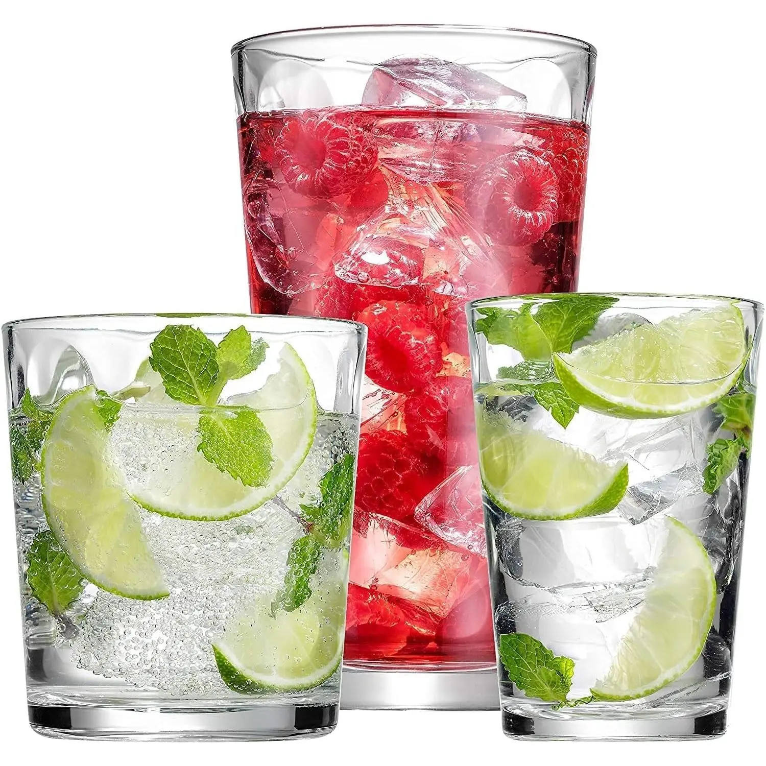 Set of 12 Elegant Everyday Stackable Drinking Glasses - Includes 4-17oz Highball Tumbler Glassware, 4-13oz DOF Rock Glasses, 4-7oz Juice Glasses for Mixed Drinks, Water, Beer, Wine.
