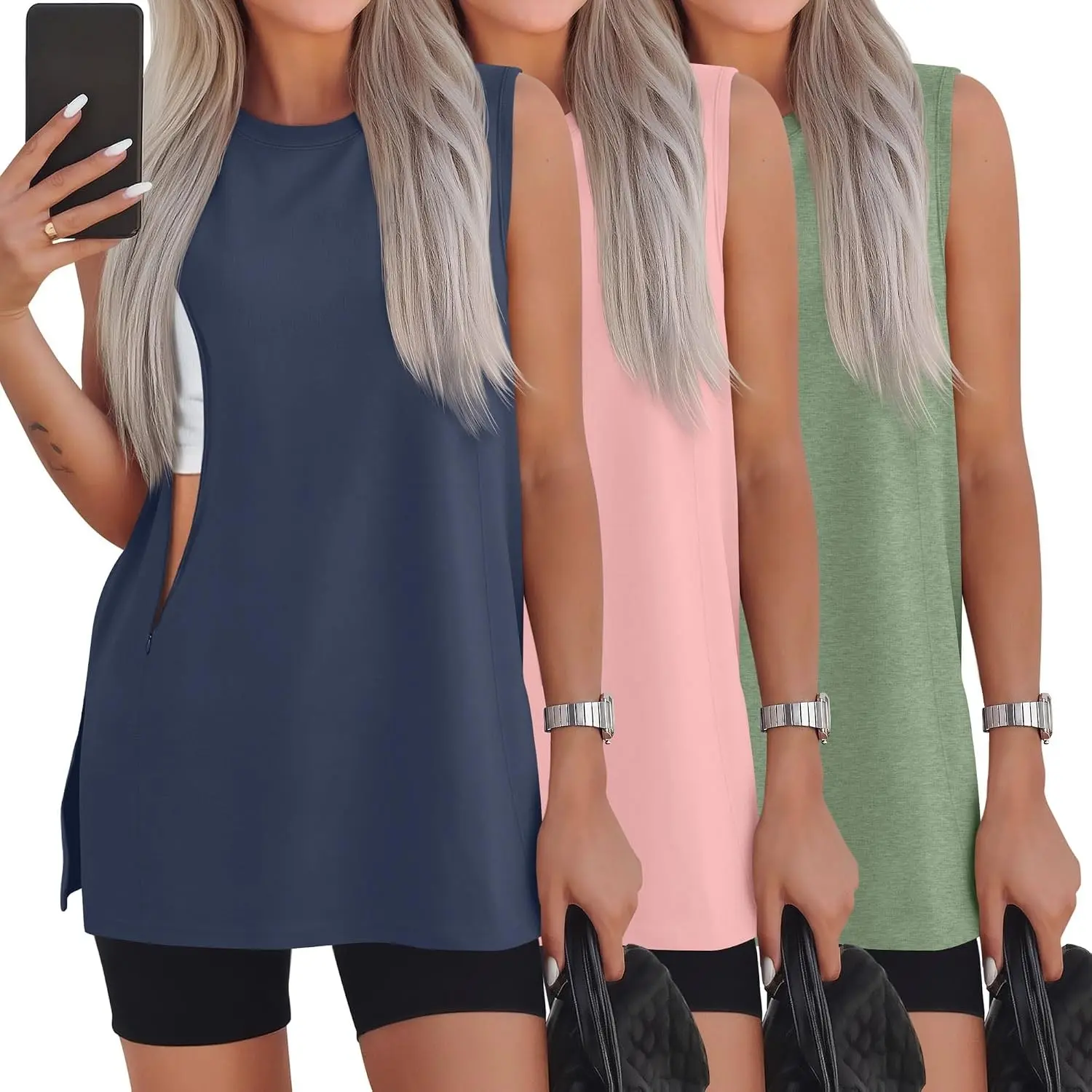 Women's Nursing Tank Maternity Tops | 3 Pack, Soft Fabric, Discreet Zipper for Easy Nursing, Oversized Details, Privacy And Safe, Sleeveless, Crew Neck, Split Hem