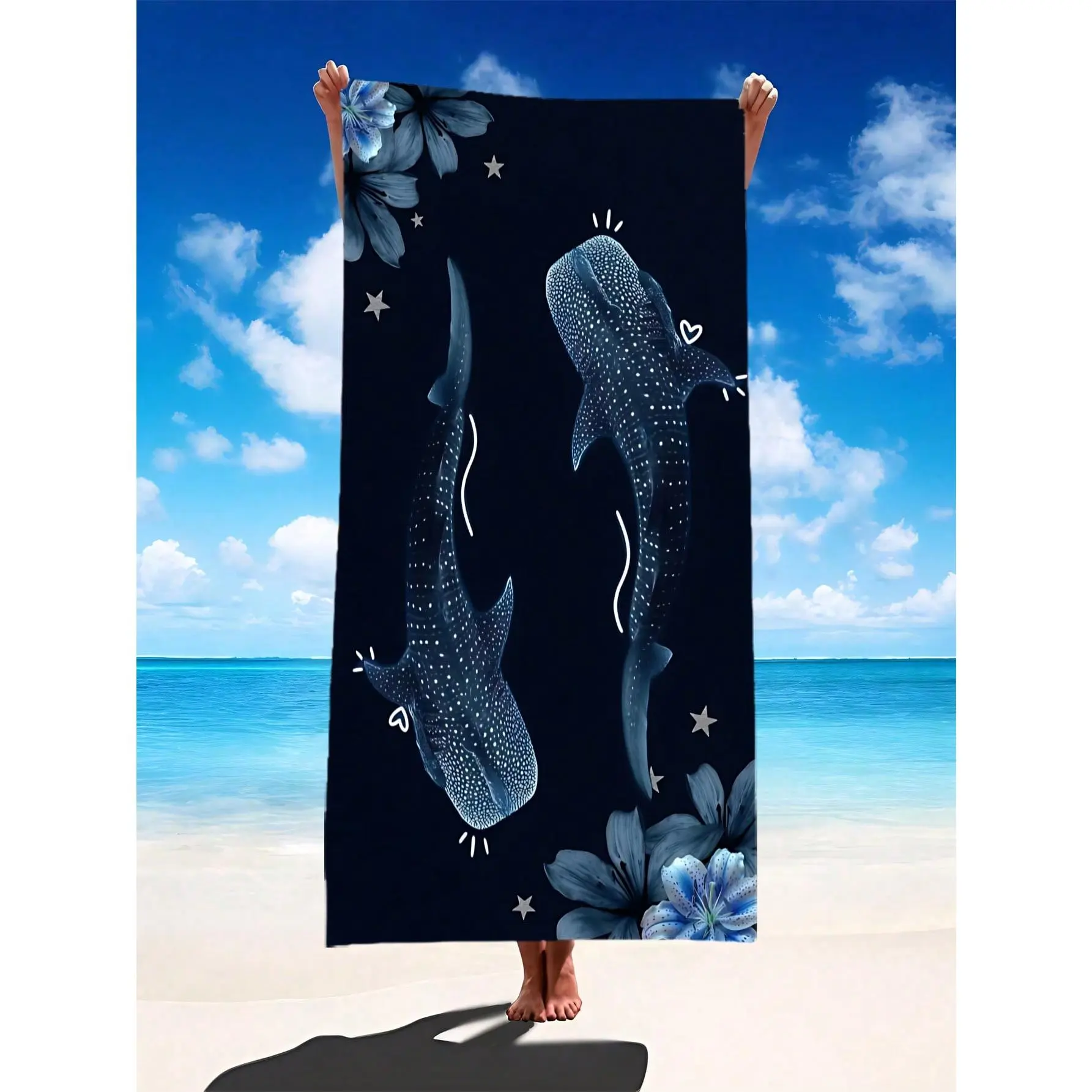 Black Blue Floral Whale Shark Microfiber Beach Towel UV Protection Sand Proof Quick Dry Outdoor Towel