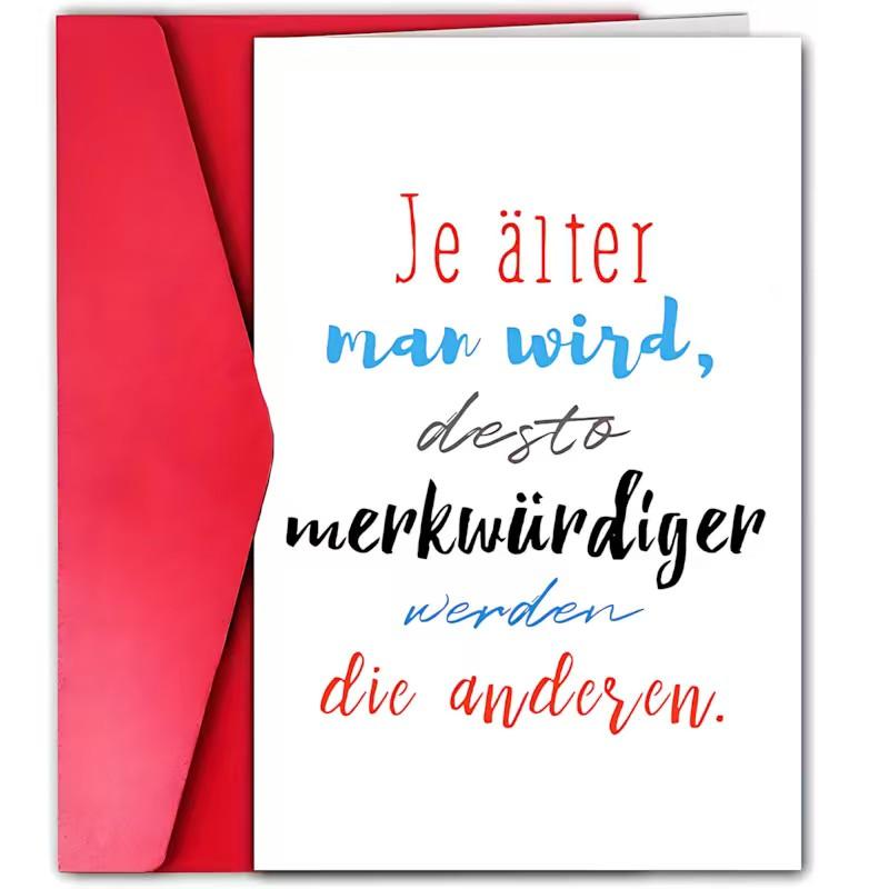 1/3/7pcs  Funny German Birthday Card "Je älter man wird, desto merkwürdiger werden die anderen" Humorous Greeting Card with Red Envelope, Perfect Funny Gift for Friends, Colleagues, Family on Birthday, Blank Inside for Personal Message