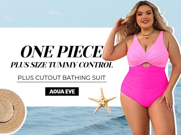 Aqua Eve Women Plus Size One Piece Swimsuits V Neck Tummy Control Bathing Suits Cut Out Swimwear Solid Black 14W