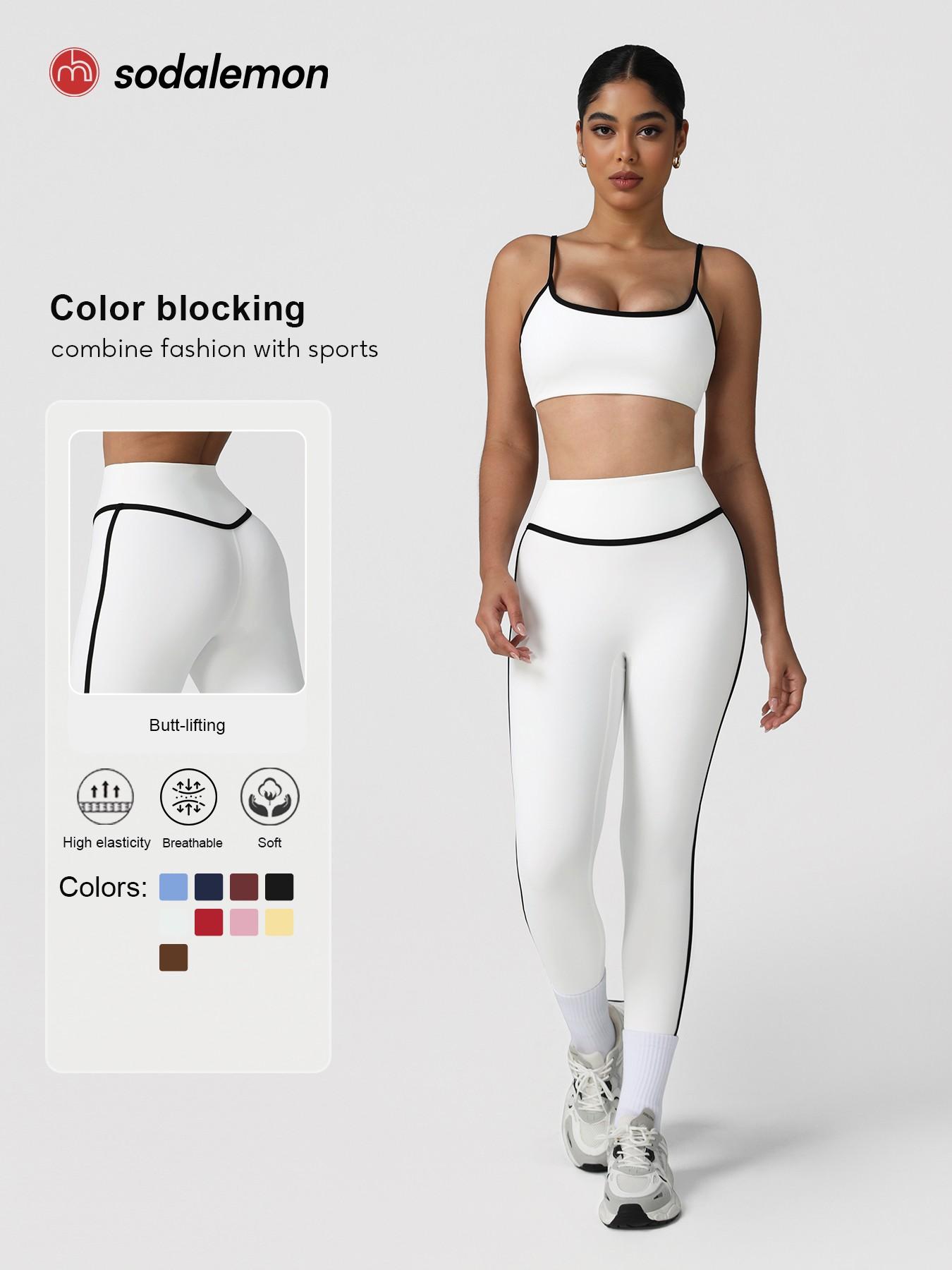 Women's Contrast Binding Crop Cami Top & High-Waist Leggings Set, Casual Sleeveless Top & Skinny Pants Two-Piece Yoga Outfits, Ladies Sportswear Workout Running Clothes for Indoor & Outdoor Wear