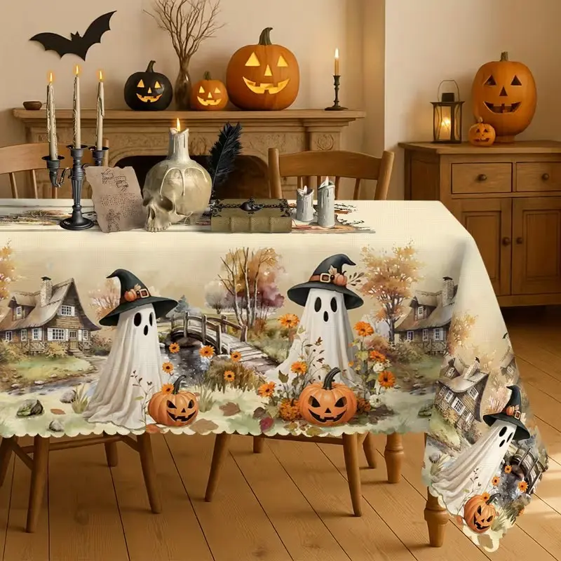 2D Flat Party Tablecloth, Vintage Halloween Rectangular Tablecloth, Pumpkin Lantern Design, Farmhouse Style, Fall Decor, Kitchen, Dining Room